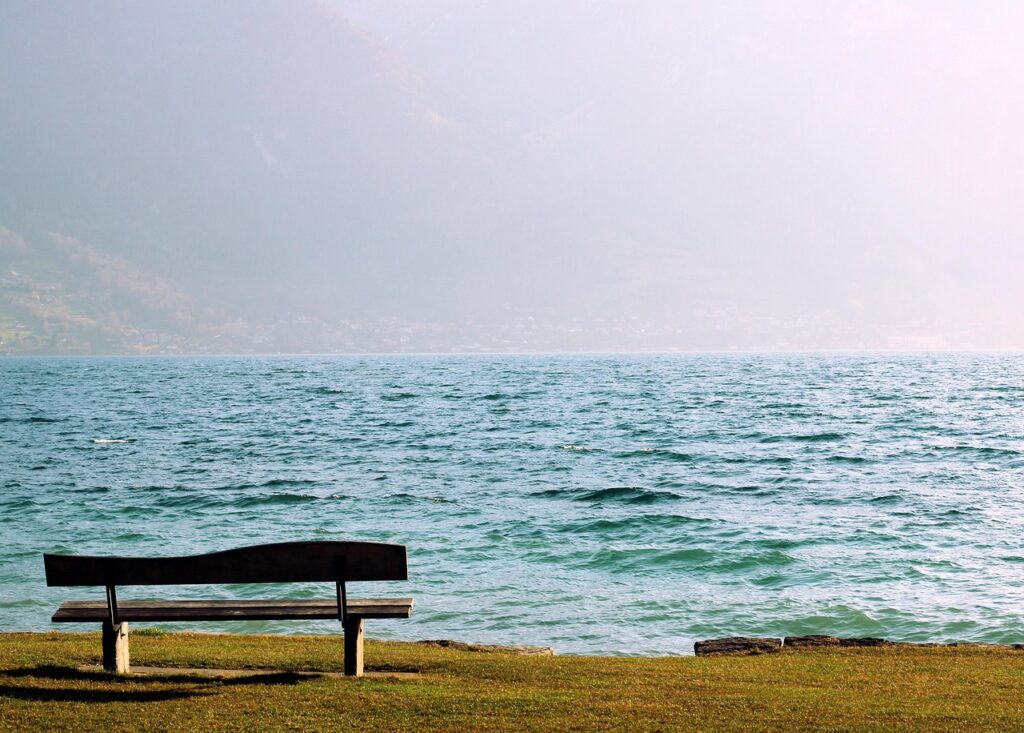 banco de madera, asiento, mar, océano, agua, retraso, calma, paisaje, aire libre, naturaleza, relajación, desaceleración, fondo hd, mar, retraso, calma, calma, calma, calma